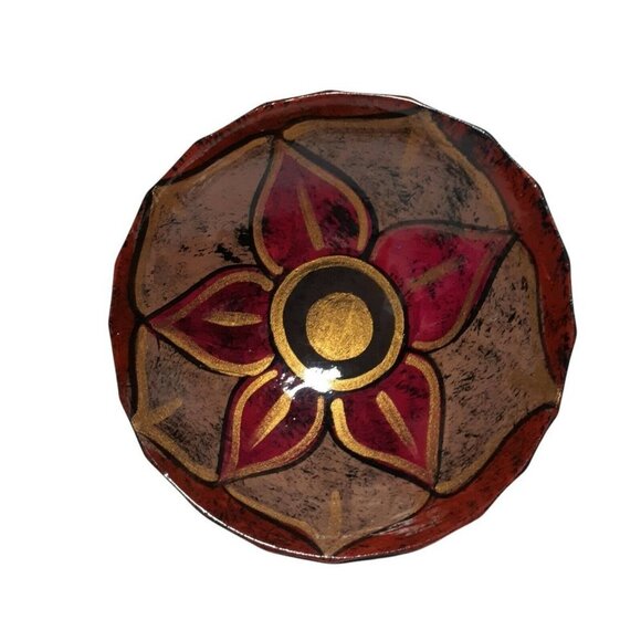 Mexican Pottery Footed Bowl Vallarta Signed Flower Gold Paint Lined 5.5" Folk - Picture 6 of 9